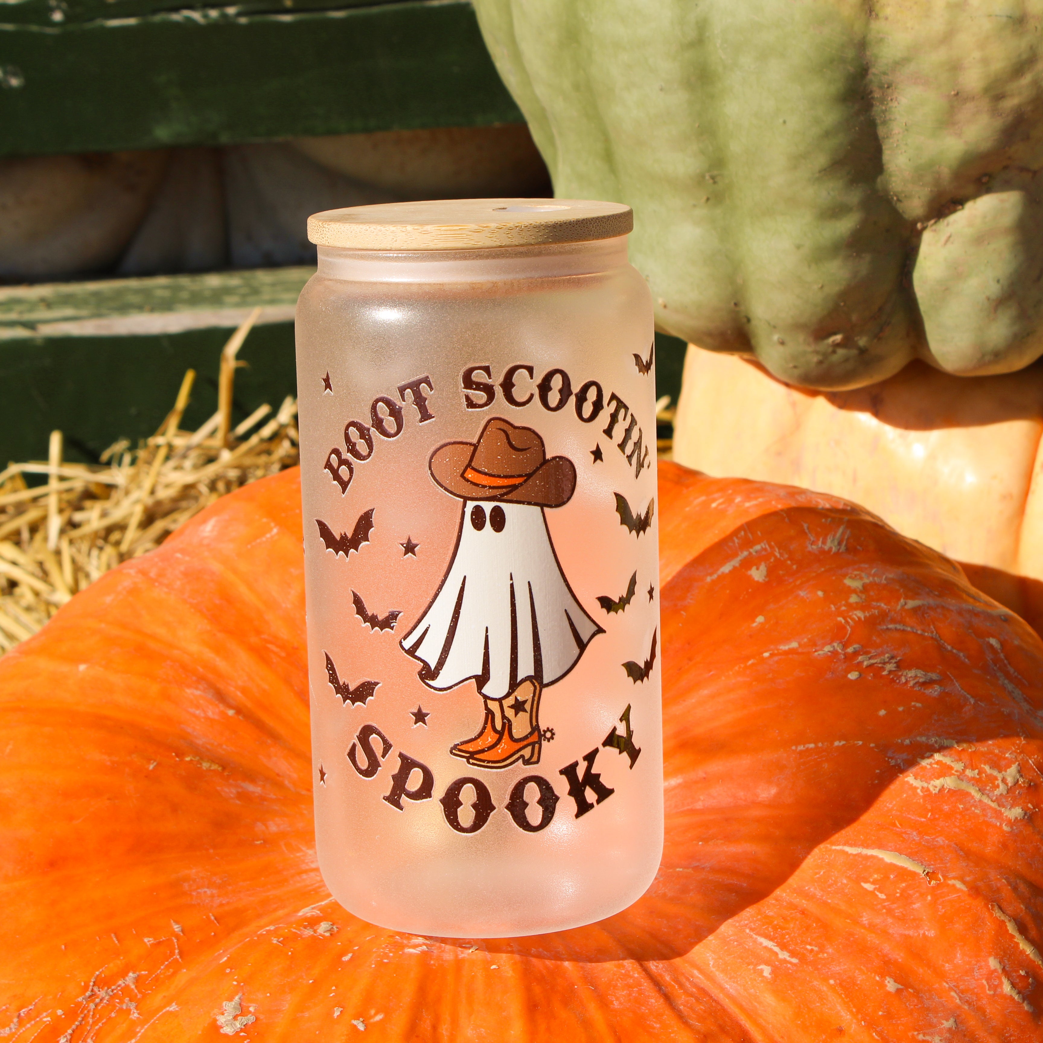 Boot Scootin' Spooky Cowboy Ghost Glass - Frosted Halloween Tumbler with Lid and Straw