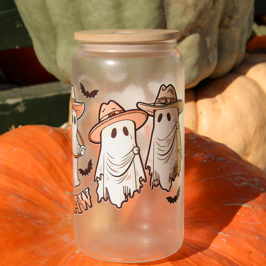 Boo Haw Cowboy Ghost Frosted Glass Can with Bamboo Lid & Straw