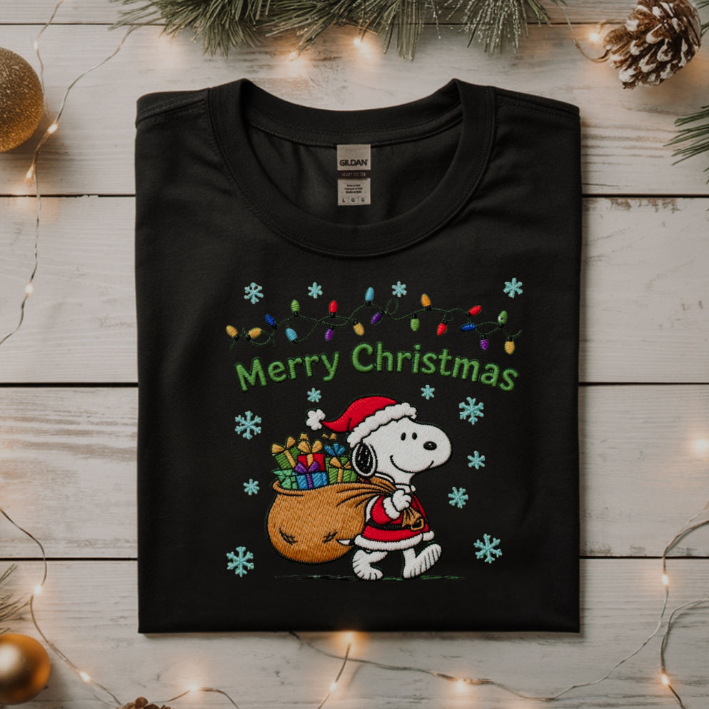 Snoopy Christmas Sweatshirt - Cute Holiday Lights Embroidered Sweater