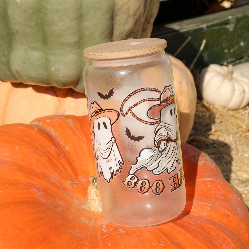 Boo Haw Cowboy Ghost Frosted Glass Can with Bamboo Lid & Straw