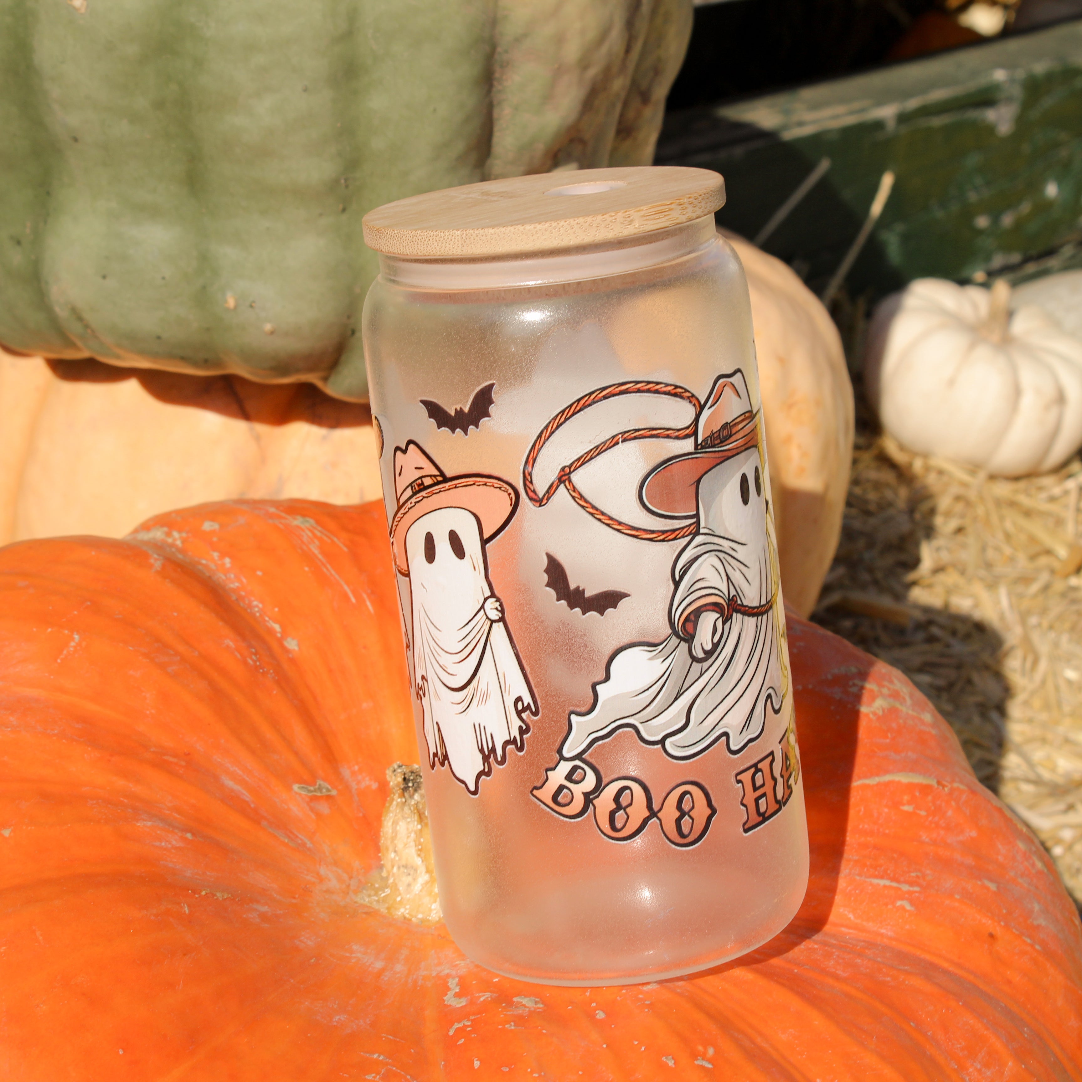 Boo Haw Cowboy Ghost Frosted Glass Can with Bamboo Lid & Straw