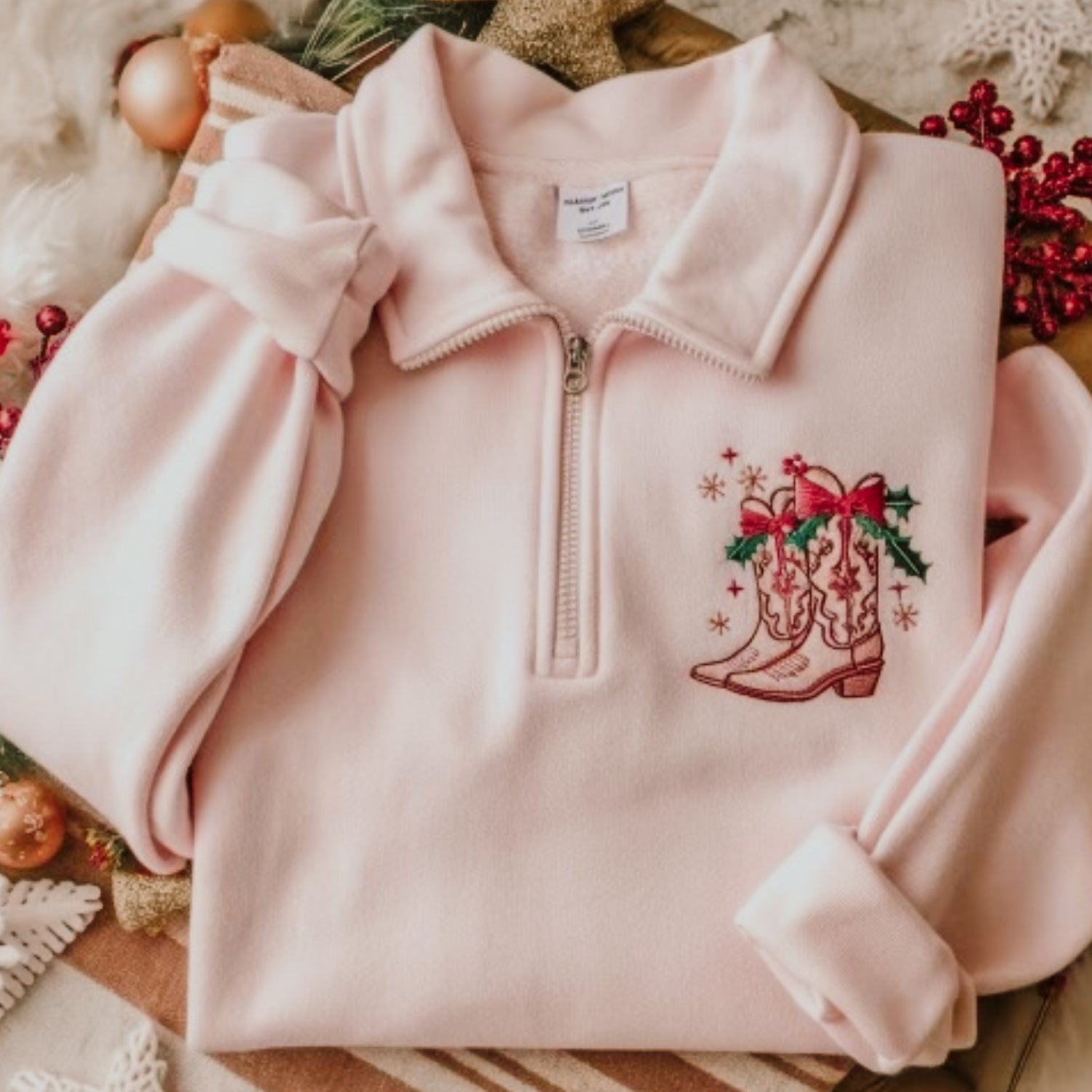 Pink Christmas Cowboy Boot Quarter Zip - Embroidered Western Christmas Sweater