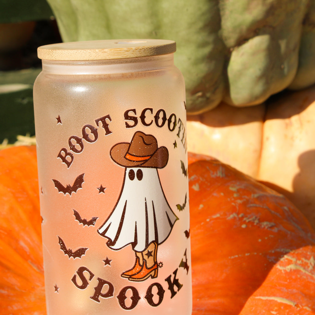 Boot Scootin' Spooky Cowboy Ghost Glass - Frosted Halloween Tumbler with Lid and Straw