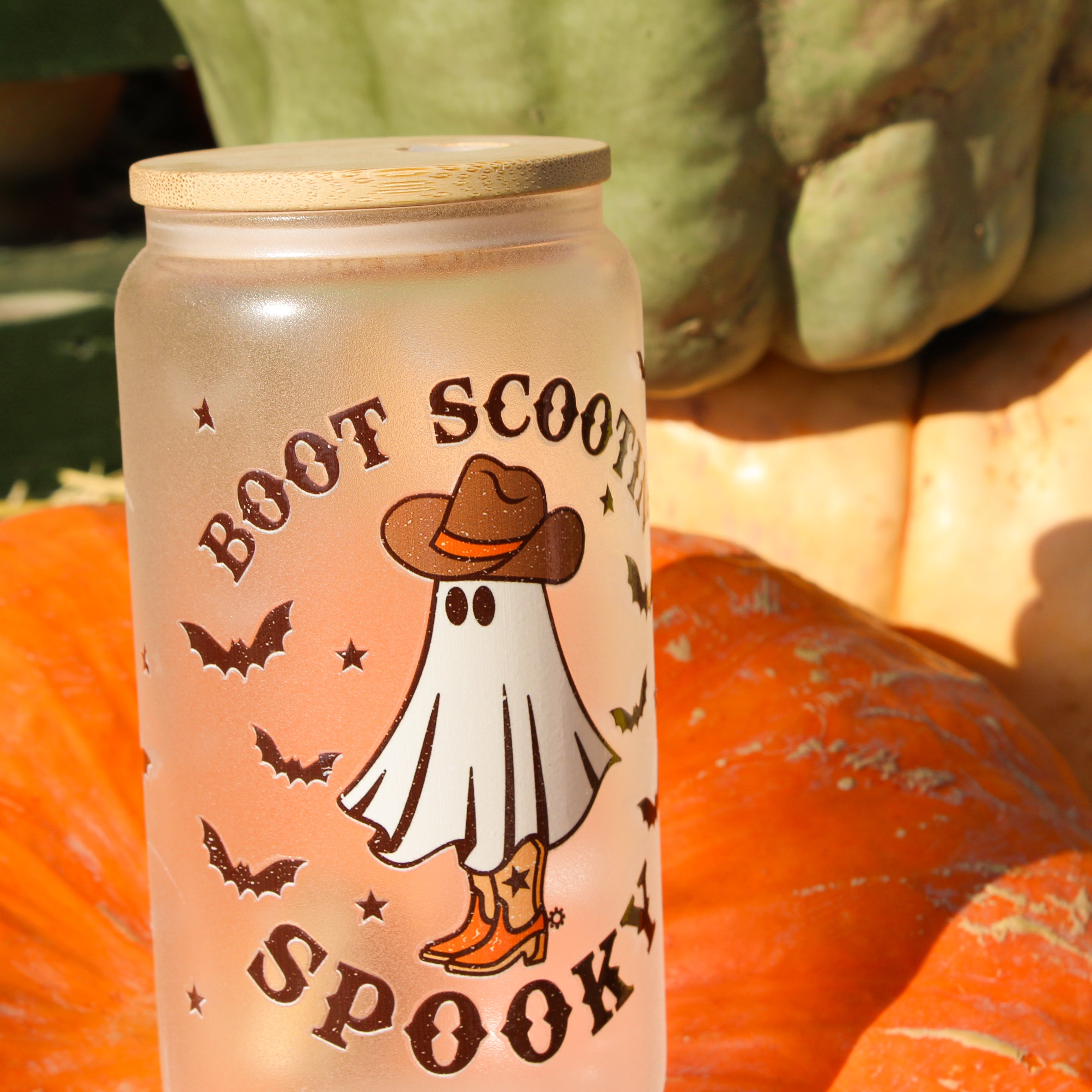 Boot Scootin' Spooky Cowboy Ghost Glass - Frosted Halloween Tumbler with Lid and Straw