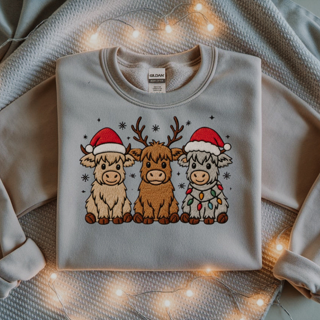 Christmas Highland Cow Trio Embroidered Sweatshirt