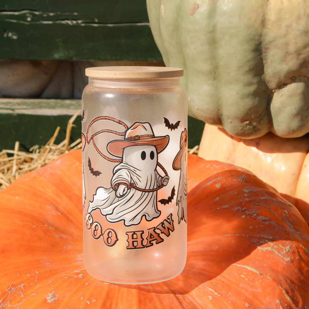 Boo Haw Cowboy Ghost Frosted Glass Can with Bamboo Lid & Straw