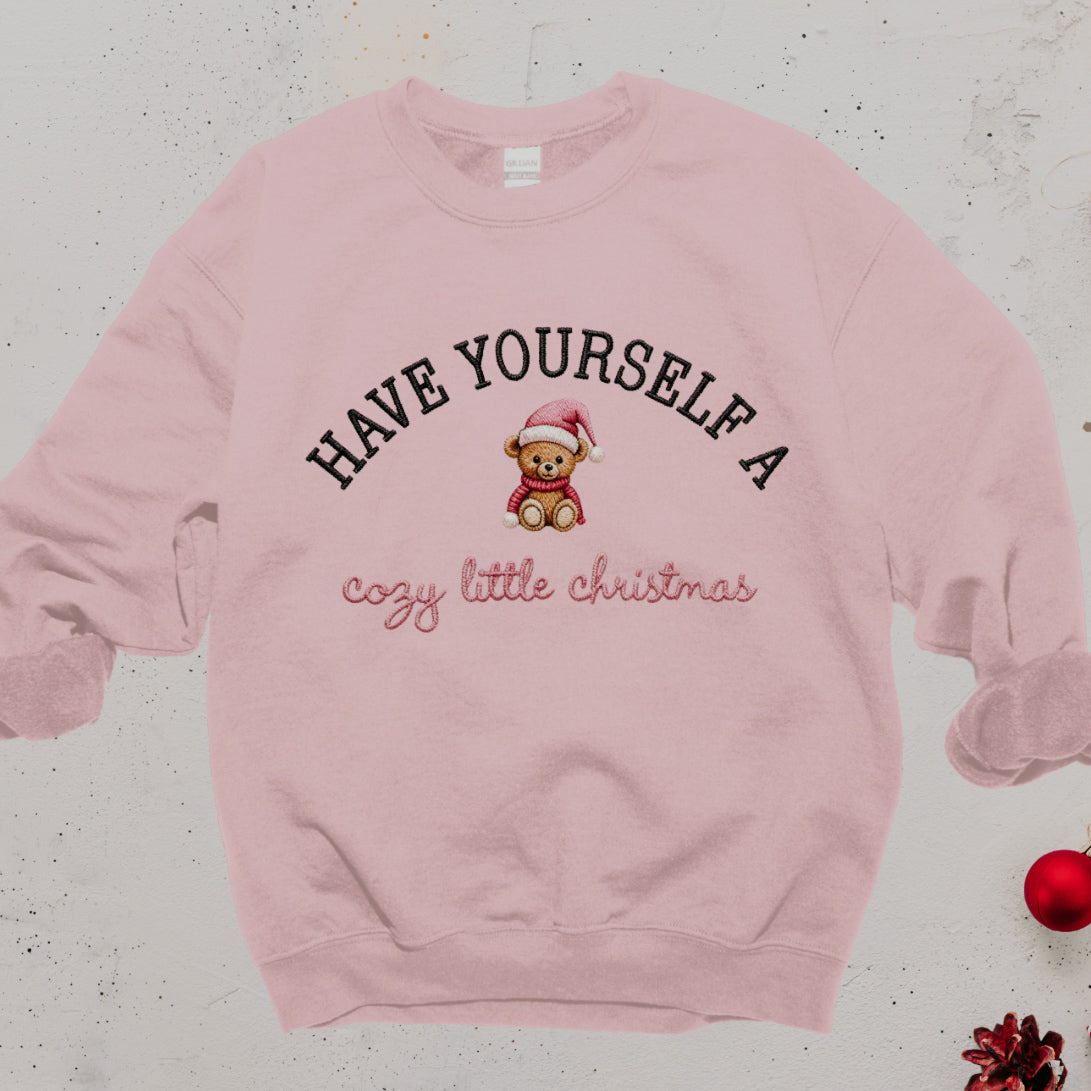 Cozy Little Christmas Embroidered Sweatshirt - Cute Teddy Bear Crewneck