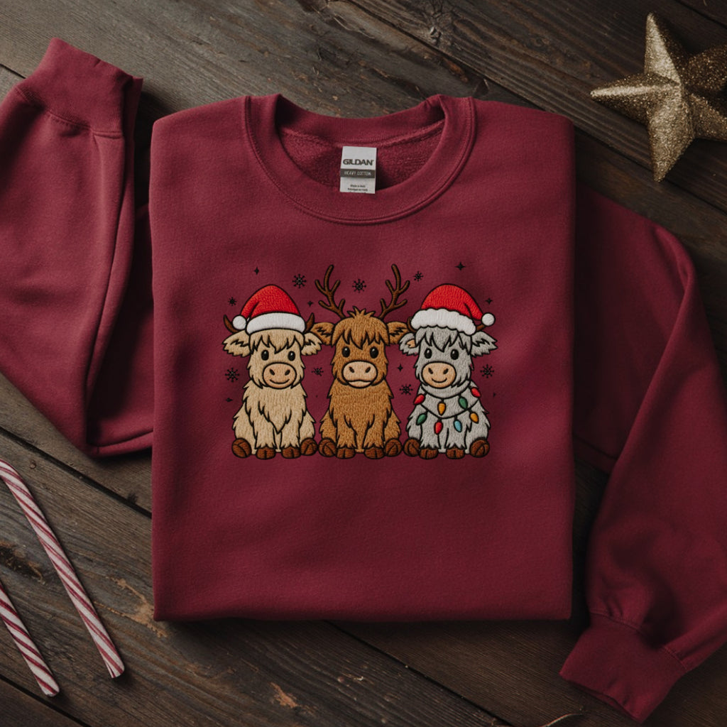 Christmas Highland Cow Trio Embroidered Sweatshirt