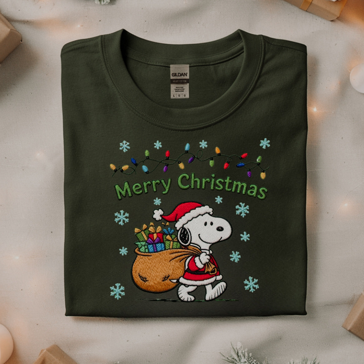 Snoopy Christmas Sweatshirt - Cute Holiday Lights Embroidered Sweater