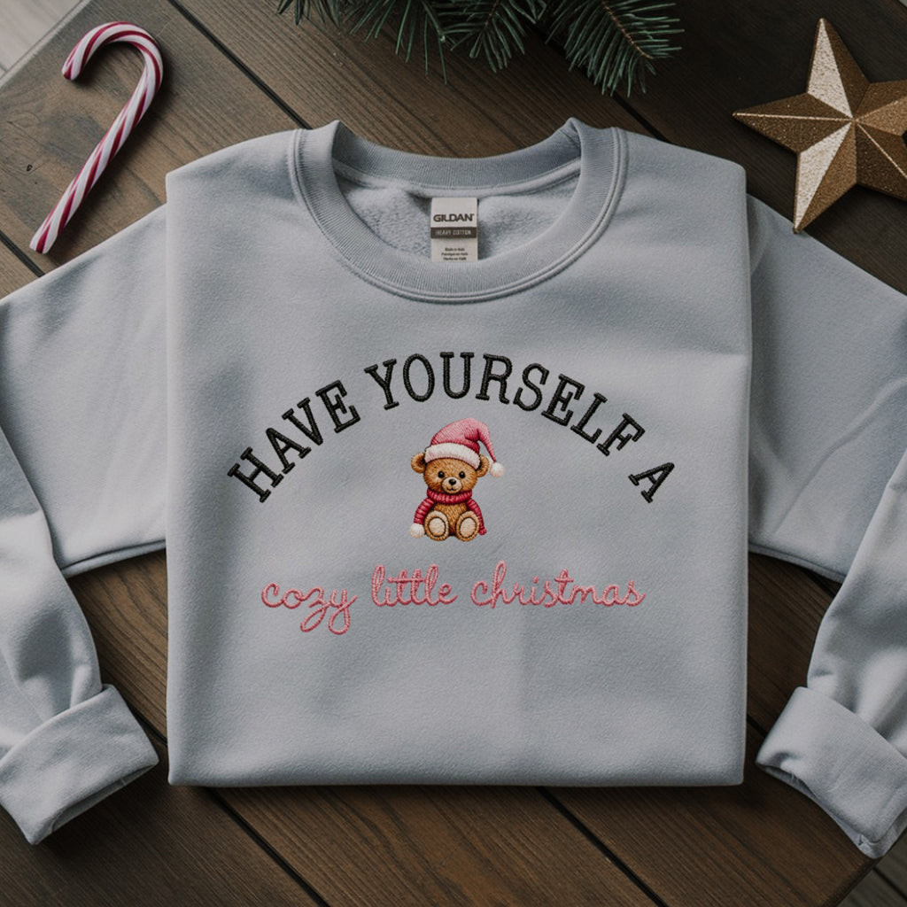 Cozy Little Christmas Embroidered Sweatshirt - Cute Teddy Bear Crewneck
