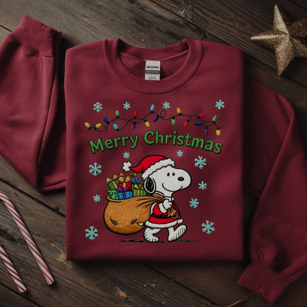 Snoopy Christmas Sweatshirt - Cute Holiday Lights Embroidered Sweater