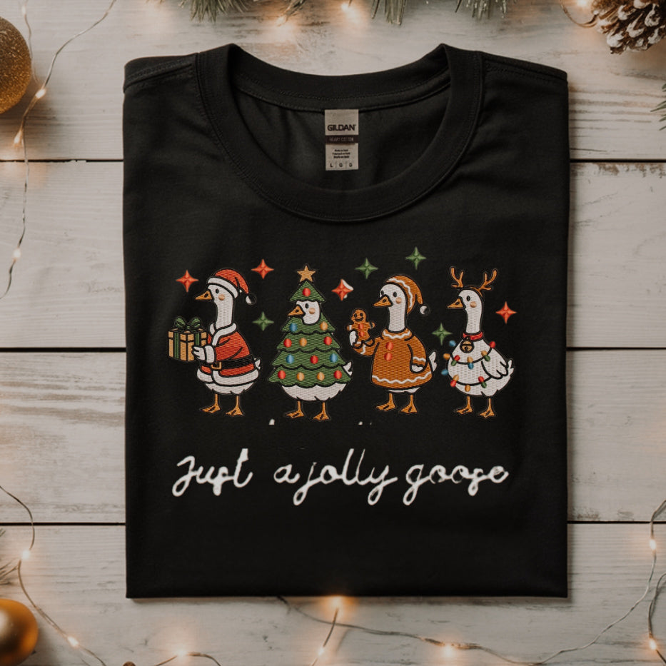 Just a Jolly Goose Embroidered Christmas Sweater - Funny Holiday Sweatshirt