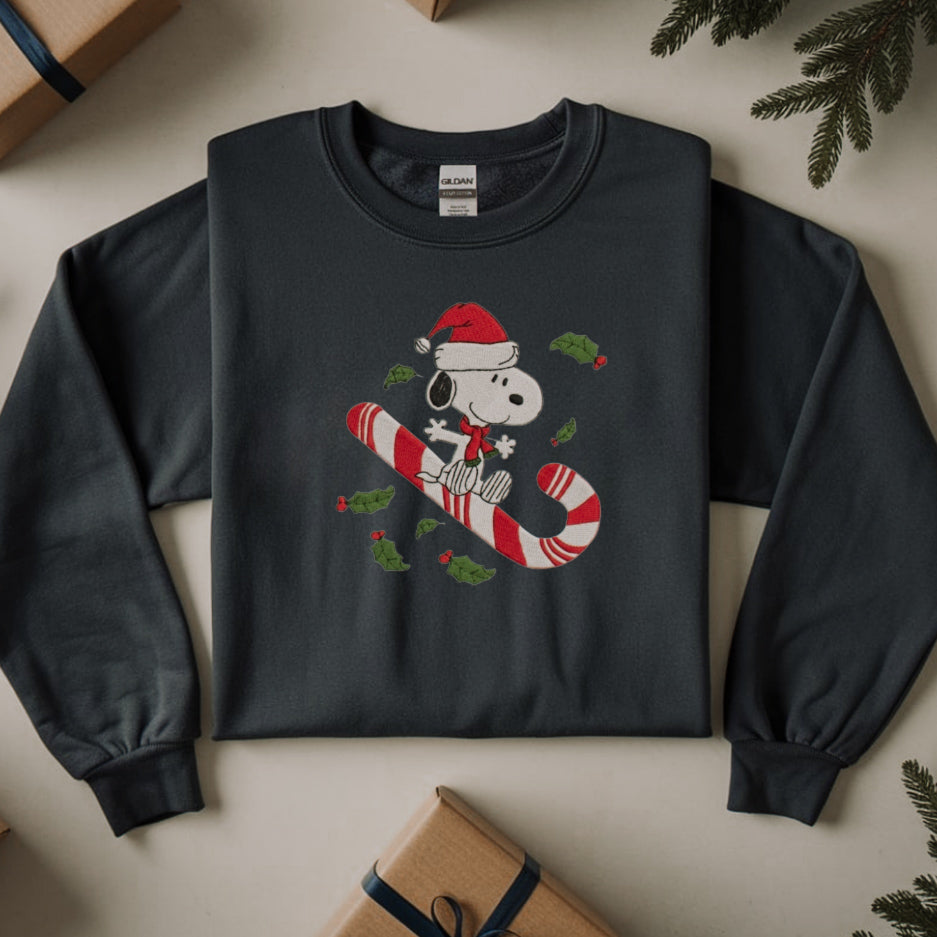 Snoopy Christmas Candy Cane Embroidered Sweatshirt
