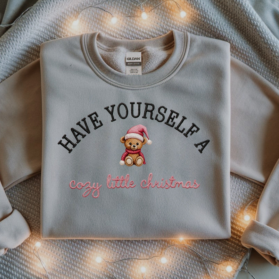 Cozy Little Christmas Embroidered Sweatshirt - Cute Teddy Bear Crewneck