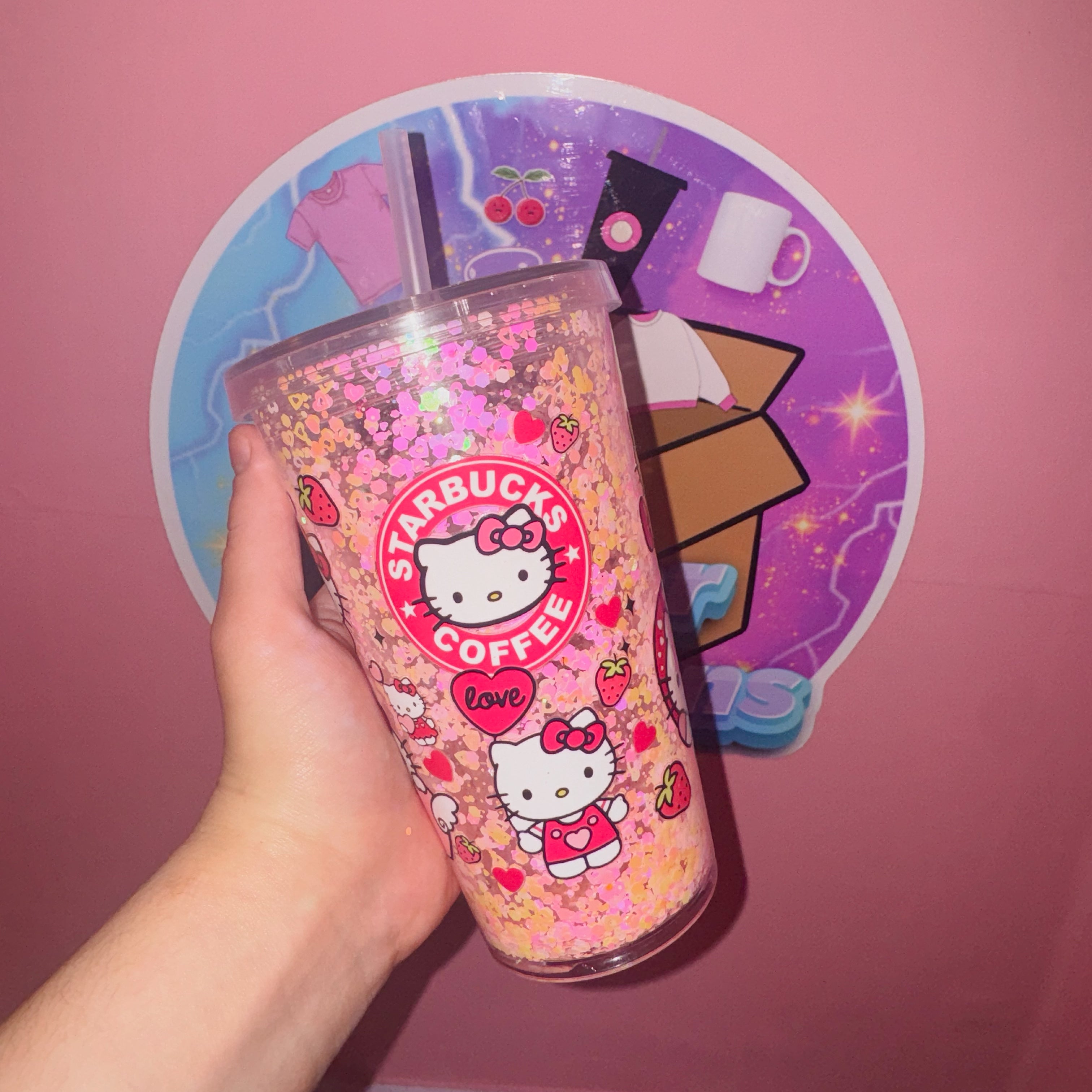 Pink Glitter Kitty Strawberry Tumbler Cup