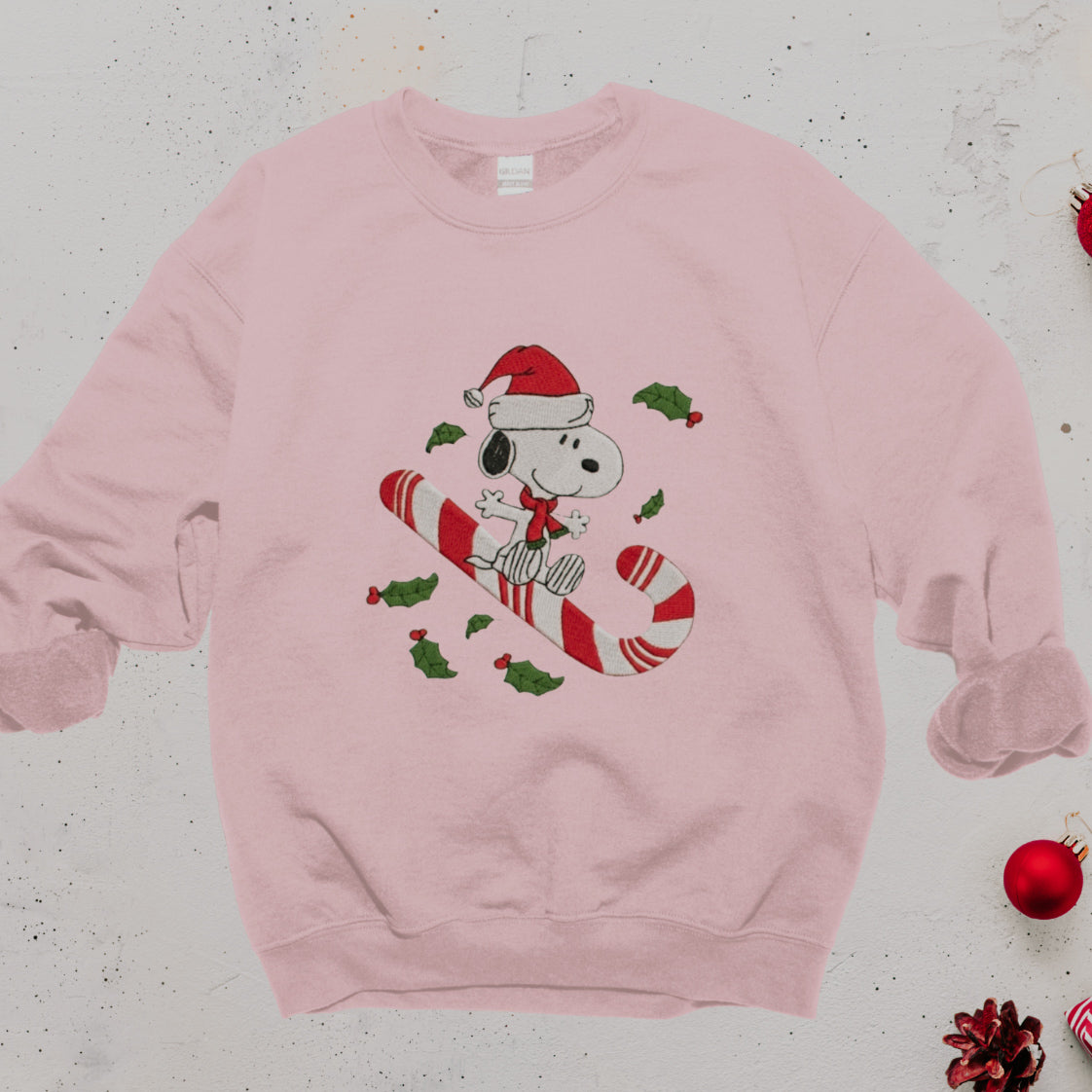 Snoopy Christmas Candy Cane Embroidered Sweatshirt