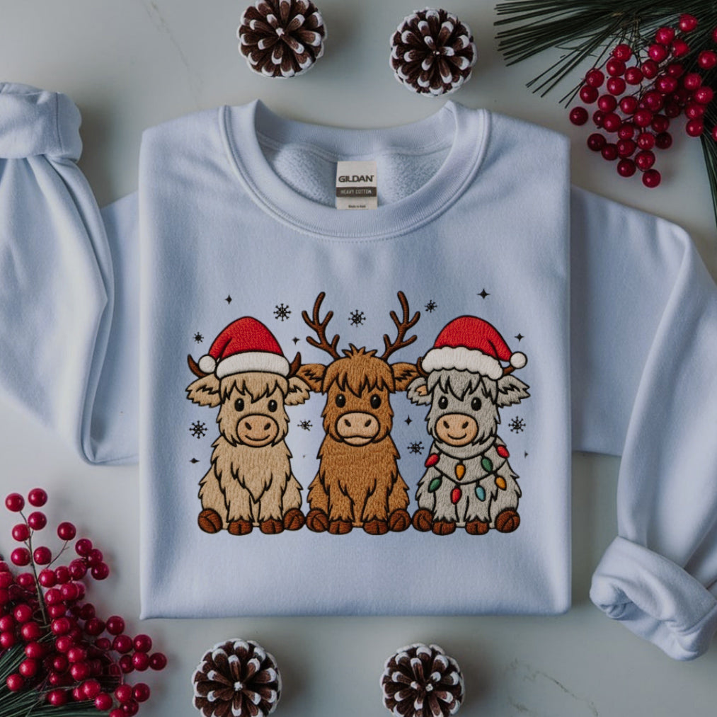 Christmas Highland Cow Trio Embroidered Sweatshirt