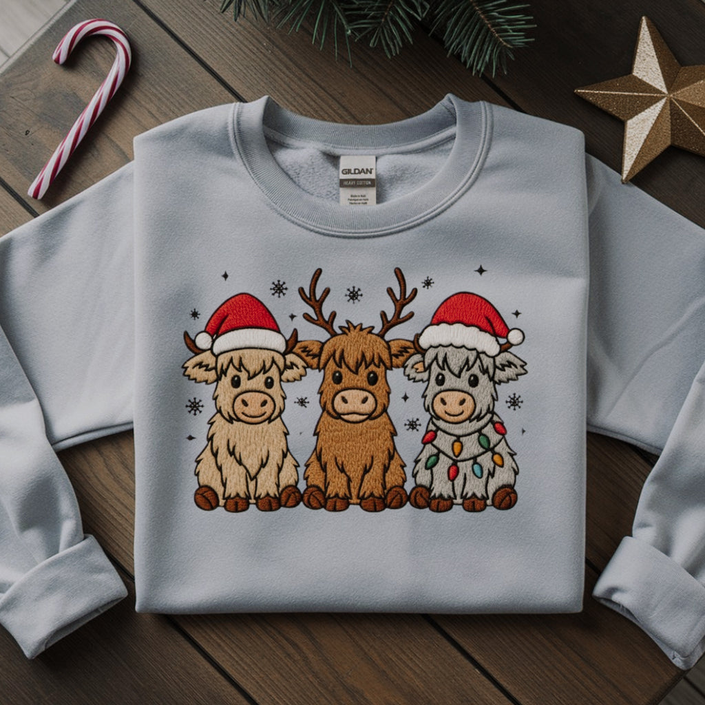 Christmas Highland Cow Trio Embroidered Sweatshirt