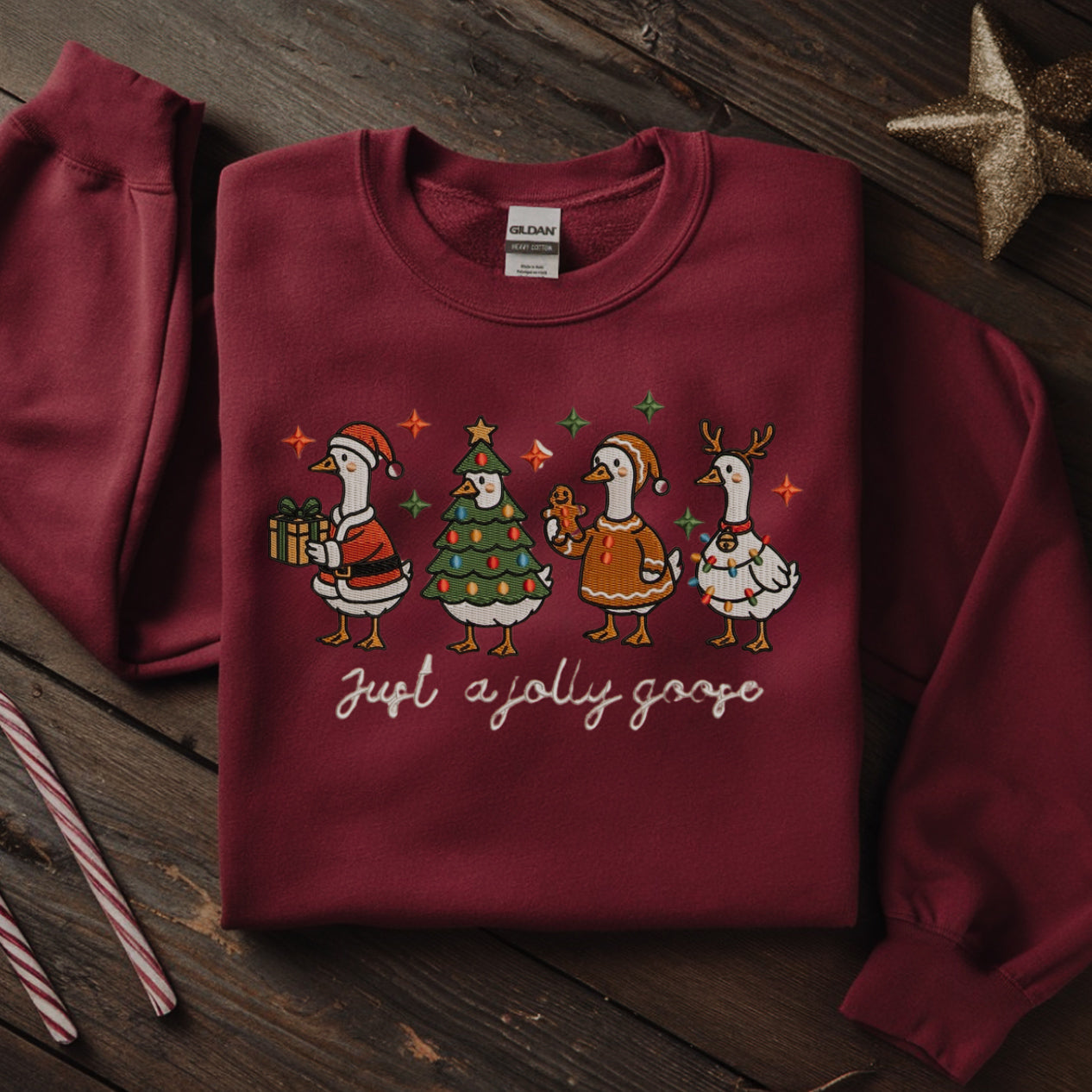 Just a Jolly Goose Embroidered Christmas Sweater - Funny Holiday Sweatshirt